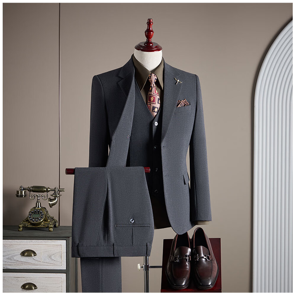 ROMON Men's Business Suit Set Blazer + Vest + Trousers Dark Blue M 1