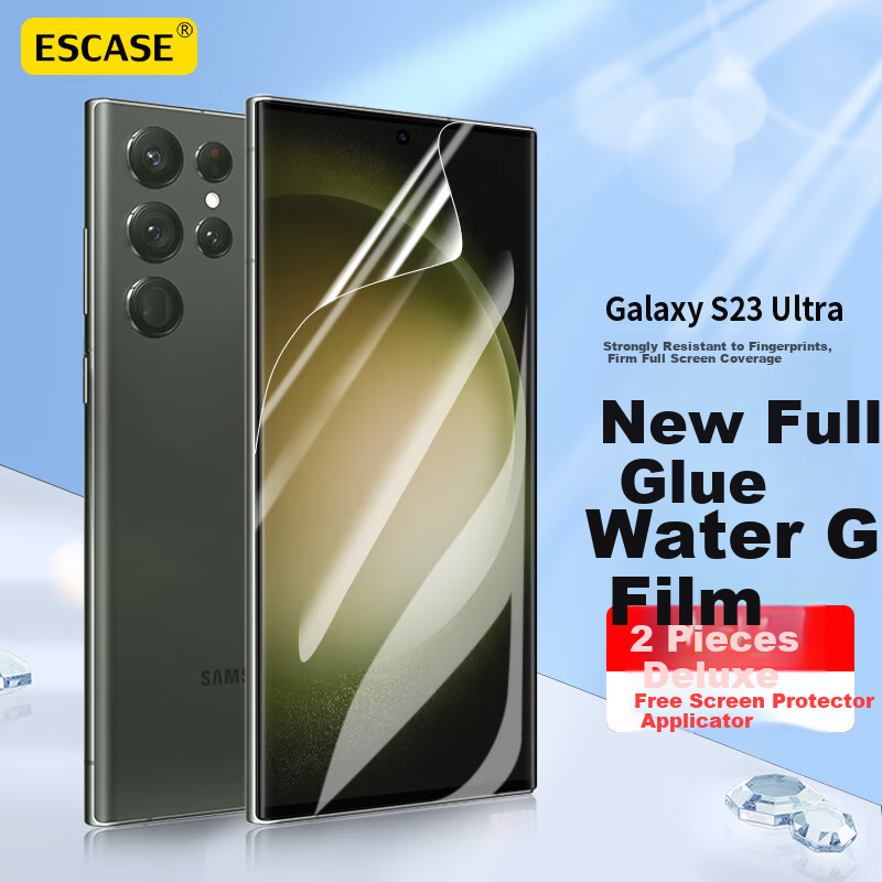 ESCASE Samsung S23 Ultra Hydrogel Film, Full-Screen Curved Coverage, No White Edge, High Transparency Front Film, Transparent Invisible Film [Two-Pack] - Application Tool A
