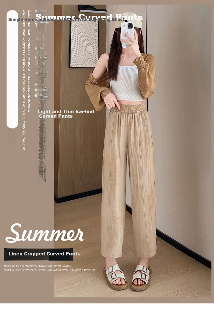 LangSha Linen Curved Knife Pants for Women, Summer 2025 New Style, High-Waisted Slimming Loose-Fit Nine-Tenths Casual Pants for Mothers 1
