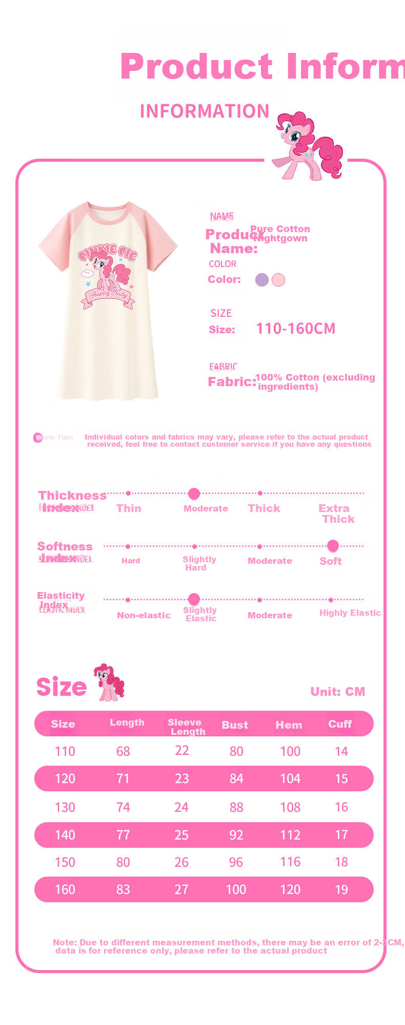 MY LITTLE PONY Girls' Nightgown, Class A Pure Cotton, 2026 New Summer Children's Loungewear, Cute Sleepwear for Girls, Pink, Size 110 2
