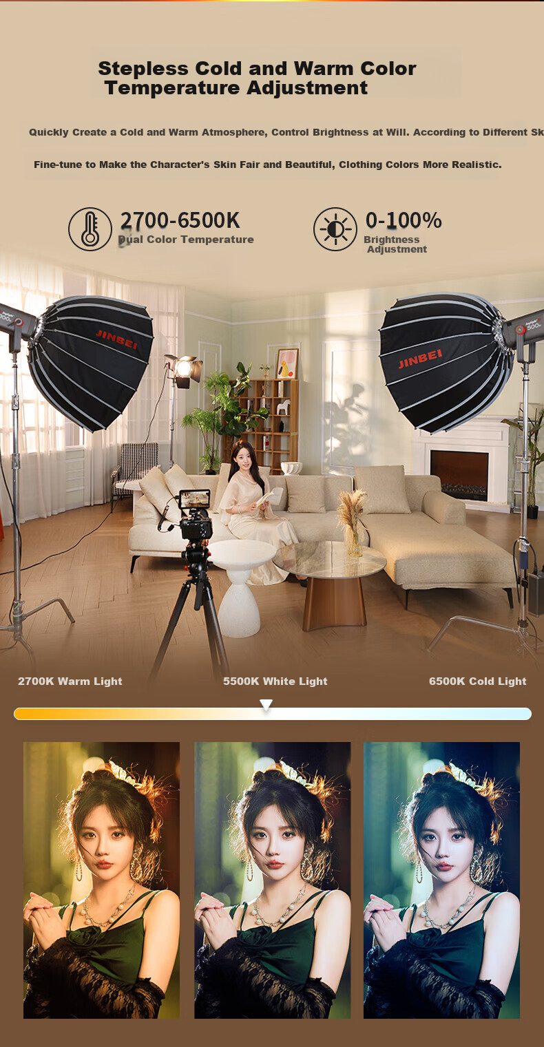JINBEI JL500BI Live Streaming Fill Light, Single And Dual Color Temperature LED Photography And Videography Light, 500W, for Film And Photo Lighting, Streamer Soft Light, Studio Video Shooting, Constant Light 6