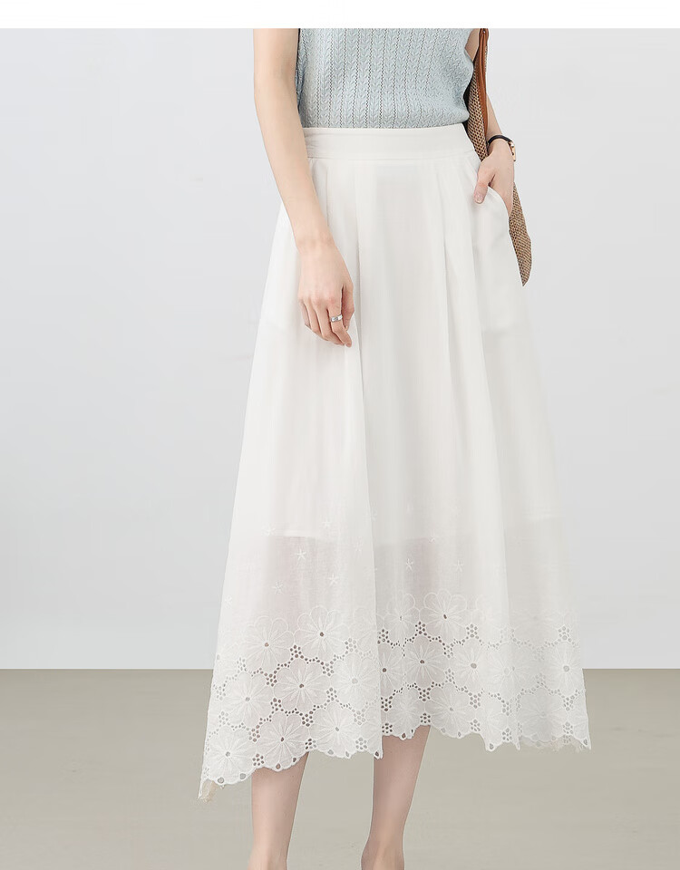 Shangdu Bila Pure Cotton High-Waist Hollow Embroidered White A-Line Midi Skirt for Women Summer Vacation Slim Fit Skirt 22