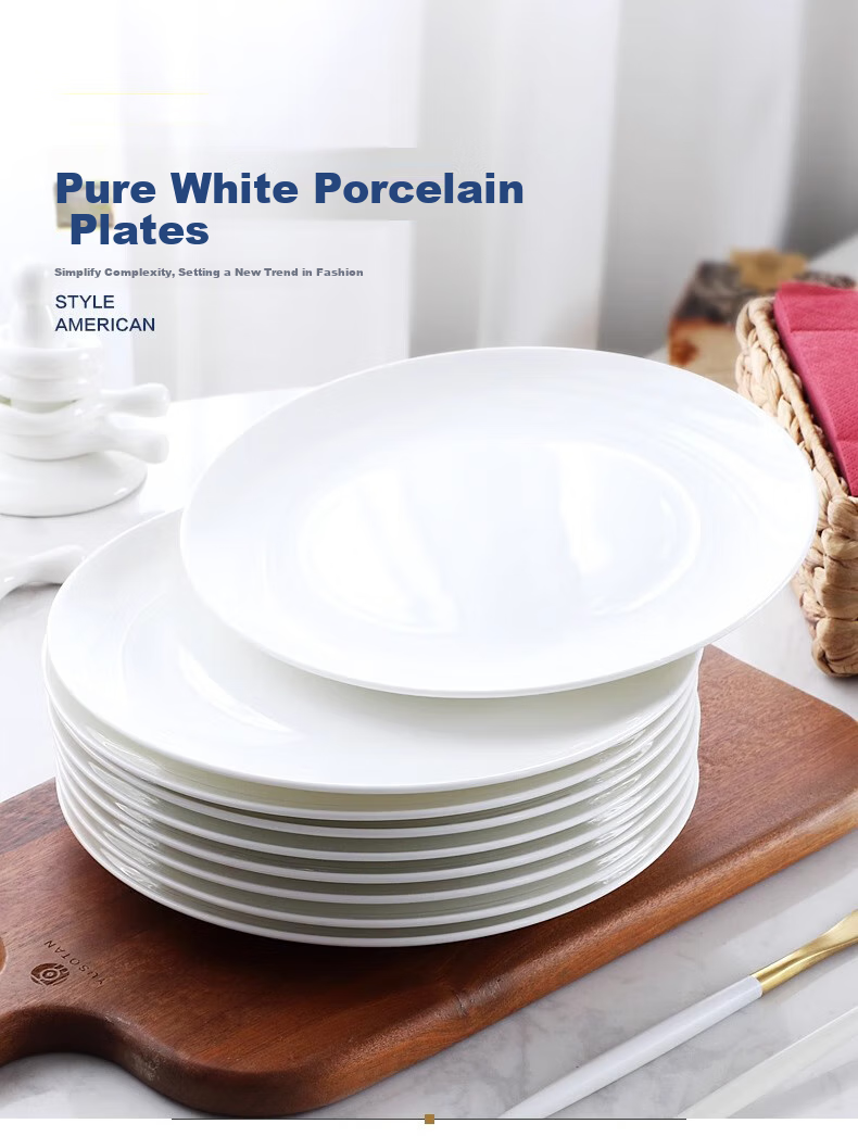 Wanxiang Pure White Underglaze Ceramic Plates And Dishes Set of 6, Round Home Dining Plates, Simple Western-Style Plates, Approximately 8 Inches, Shallow Plates, Six Pieces 1