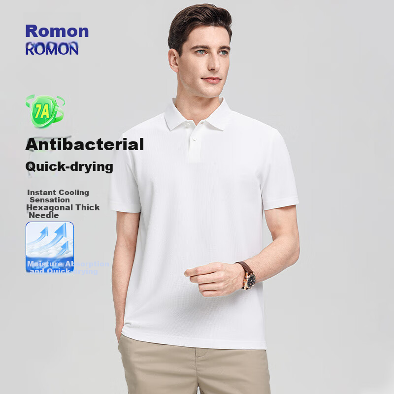ROMON Short-Sleeve Polo Shirt for Men, New Style 7A Antibacterial Quick-Dry Business T-Shirt for Young And Middle-Aged, Summer 201 White L