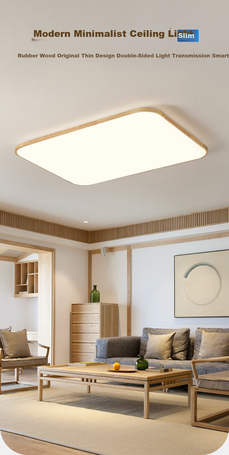 NVC LED Ceiling Light, National Trend Style Wooden Craftsmanship, Square Lamp for Study Room And Bedroom, Natural Wood Ultra-Thin Round Shape 1