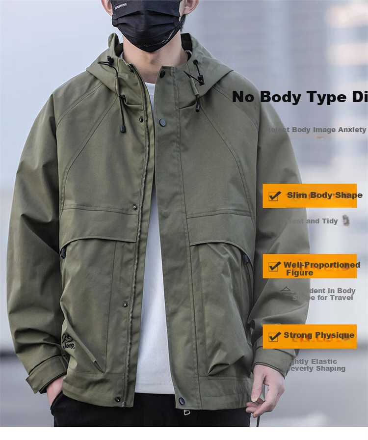 JEEP Men's Jacket, Spring And Autumn Outerwear, Trendy Hooded Windbreaker, Casual Loose Workwear Clothing, Army Green, Size L 2