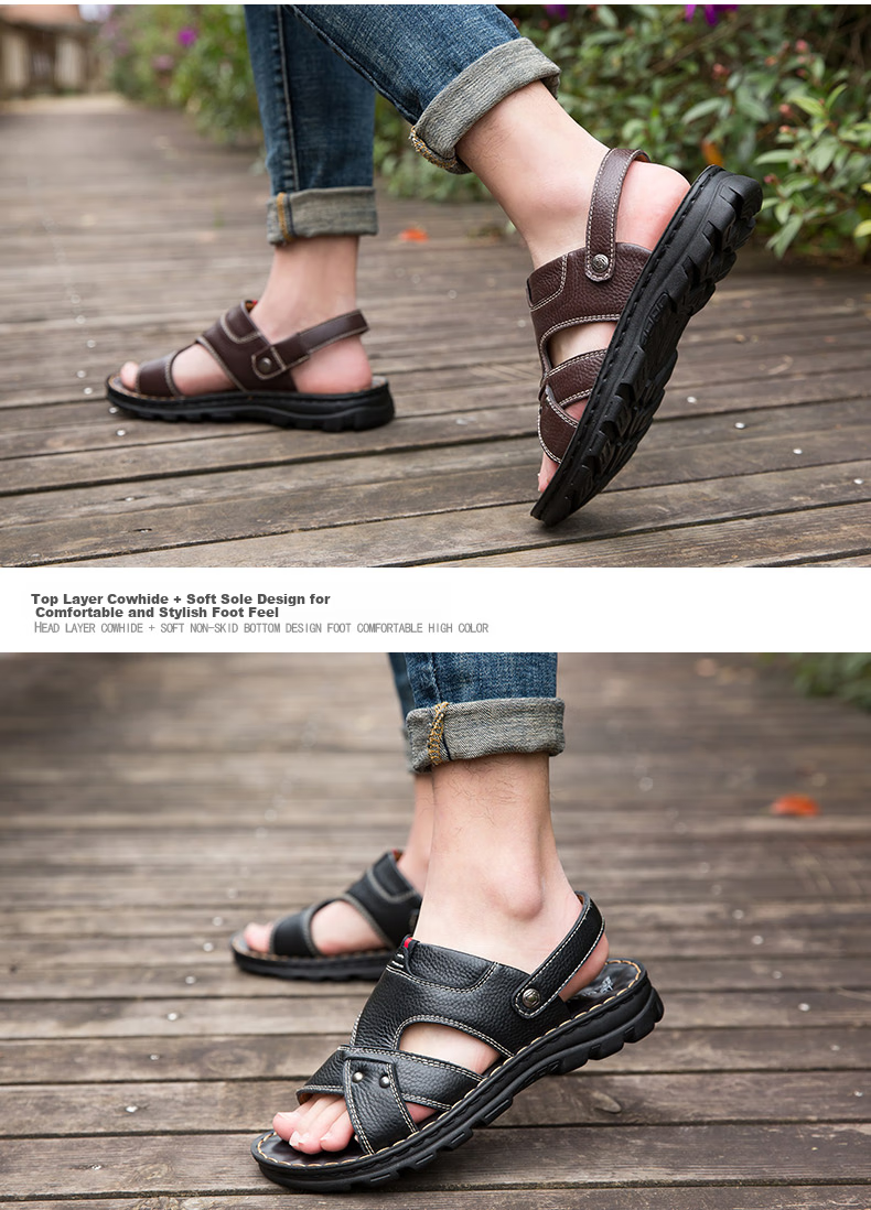 MEXICAN Top-Grain Leather Sandals for Men, Beach Shoes, Men's Slippers, Hollow-Out Casual Men's Shoes, Black, Size 43 11