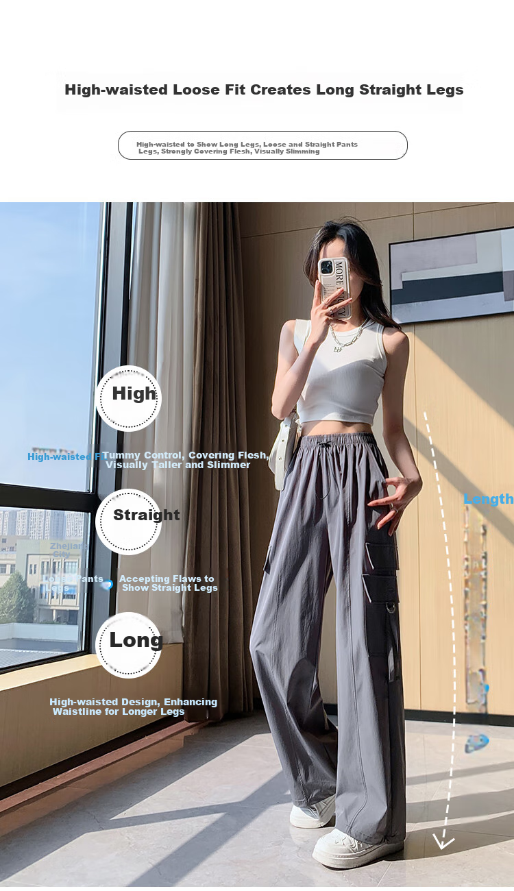 Women's Free Style Cargo Pants Summer Thin Ice Silk Quick-Dry Paratrooper Hiking Pants 2026 New High-Waist Slim Casual Wide-Leg Pants 6