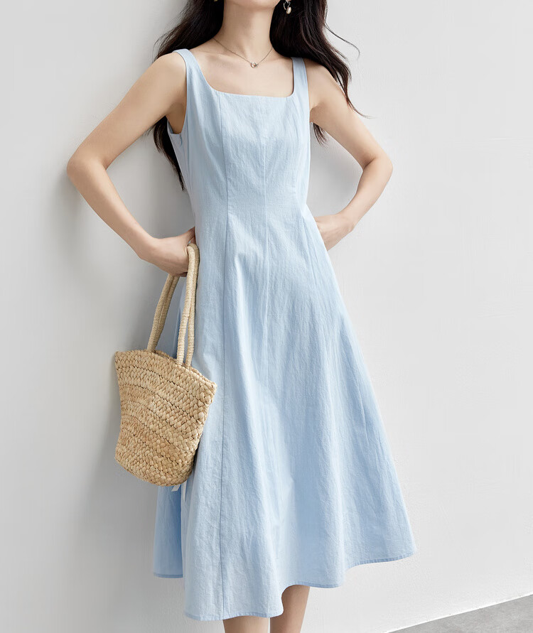 Shangdu Bila 100% Cotton A-Line Dress Women Summer Slim Waist Spaghetti Strap Square Neck Casual Mid-Length Dress 16