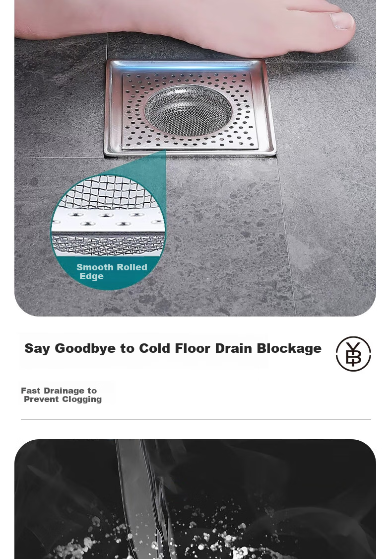 Bingyou Stainless Steel Floor Drain Filter, 2-Pack, Square Shape, Universal for Bathroom Drains, Anti-Clogging Hair Filter 7
