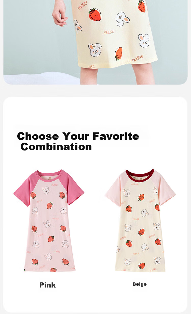 Dingguagua Girls' Nightgown Summer Children's Pure Cotton Pajamas, Cute Home Wear Dress for Girls, Pink 2, Size 130 6