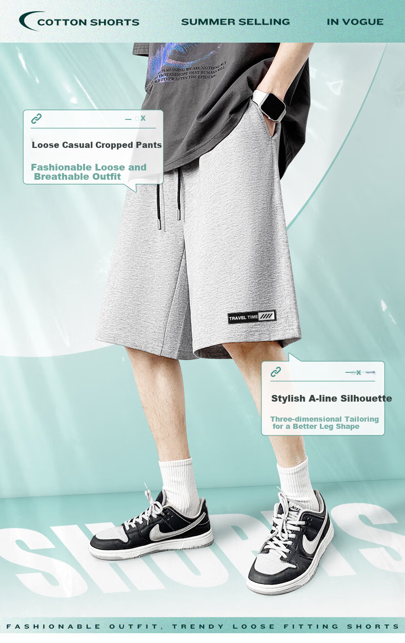 Baleno Pure Cotton Shorts for Men, Summer Trendy Loose-Fit Large Size Fashionable Beach Pants, Youth Sports Versatile Breathable Trousers 1