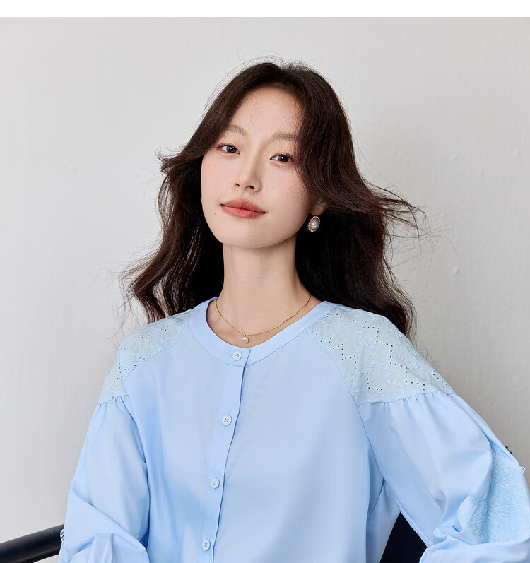 Shangdu Bira Lenzing Tencel Three-Quarter Sleeve Casual Shirt Women Autumn Lantern Sleeve Patchwork Hollow Embroidery Elegant Blouse 10