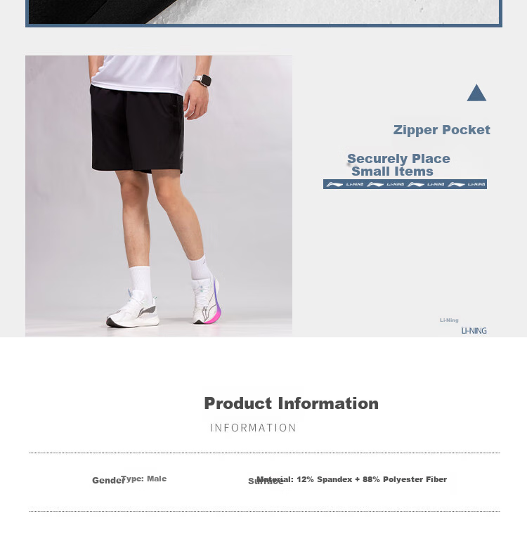 LI-NING Quick-Dry Breathable Cooling Summer Straight-Leg Casual Comfortable Classic Versatile Stretch Sports Men's Five-Point Shorts 10
