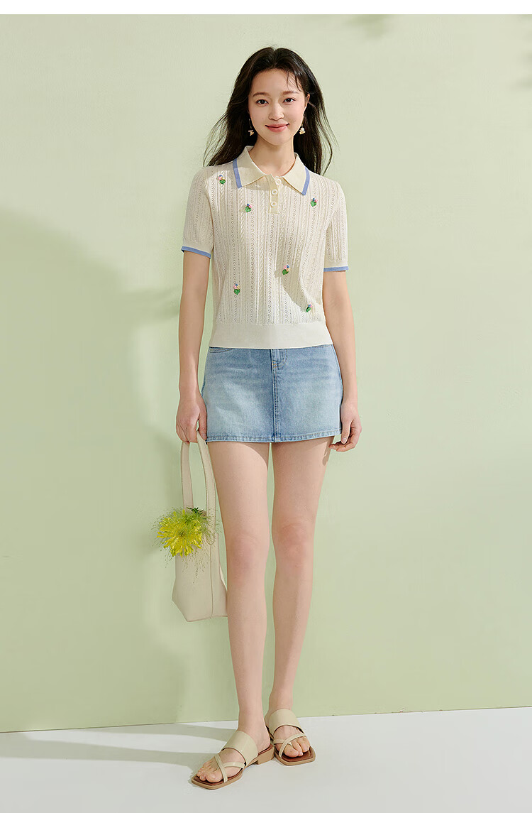Inman French Style Hollow Out Thin Knitwear 2026 Summer New Women's 3D Flower Short Sleeve Top Cream White L 9