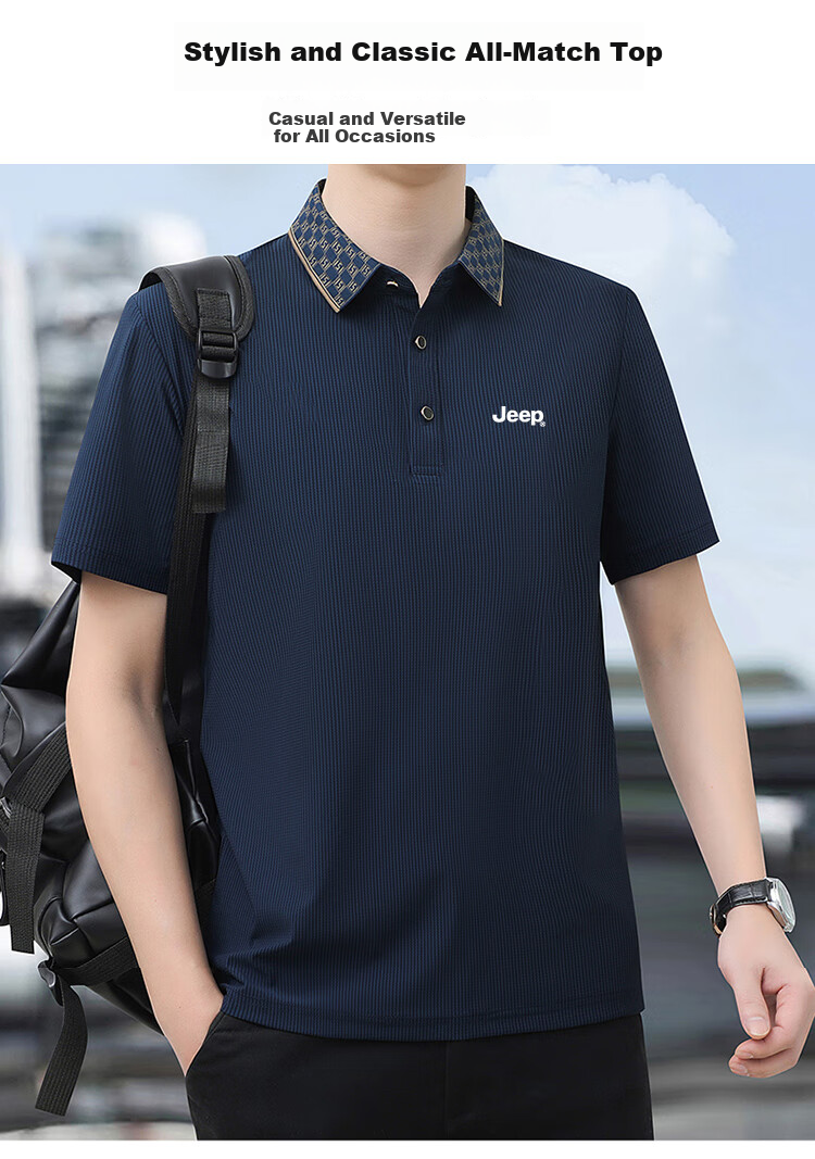 JEEP Short-Sleeve T-Shirt for Men, Summer Polo Business Casual Shirt, Loose-Fitting Men's Clothing A96, Navy Blue, 7XL 7