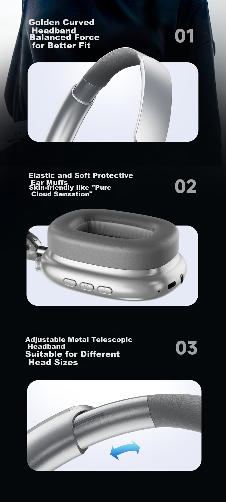 Aigo Bluetooth Headphones, Over-Ear Active Noise Cancellation, Comfortable Wear, Suitable for Music, Gaming, Sports, Compatible with Apple, Xiaomi Phones, Computers, WH300 Starry Gray 6