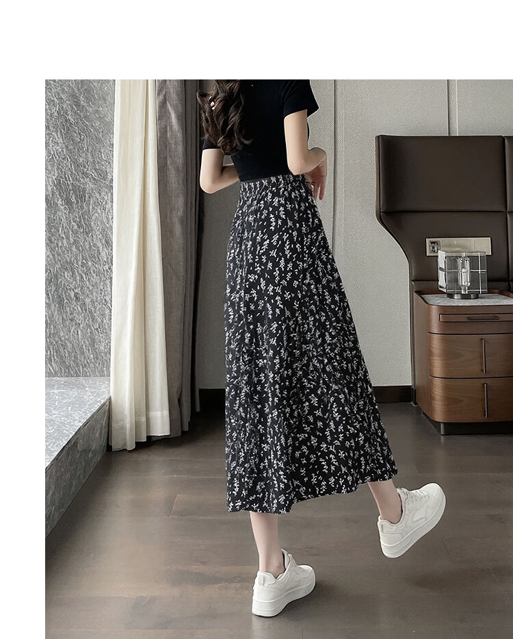 Awakening Paradise 2026 Summer New Slimming A-Line Mid-Length Skirt White Base Black Floral One Size 15