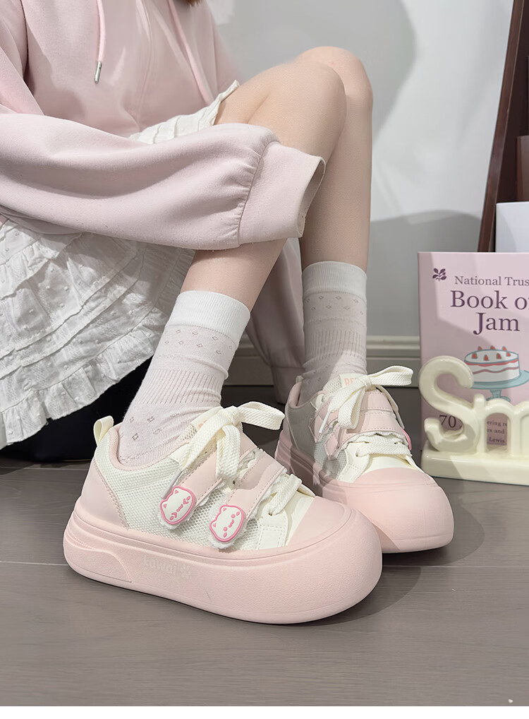 RENBEN Cute Velcro White Sneakers for Women, Popular Chunky Shoes, Versatile Canvas Shoes, White (Leather Surface), Size 40 21