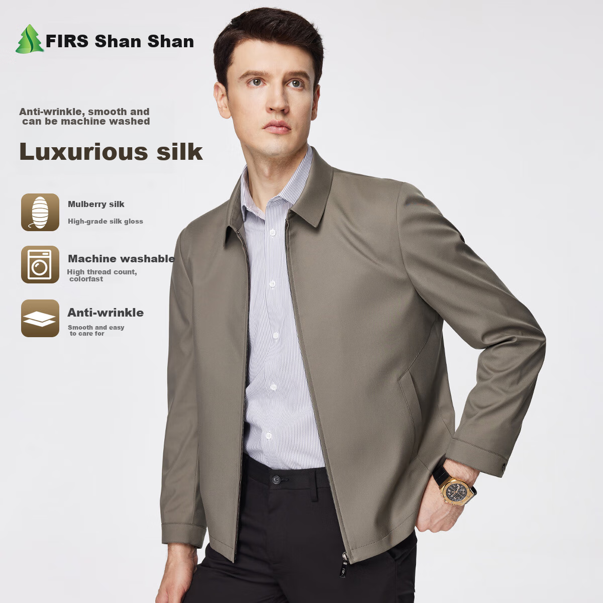 FIRS [Light Luxury with Mulberry Silk] High-End Executive Jacket for Men, New Spring And Autumn Style, Middle-Aged And Elderly Dad's Outerwear, Men's Clothing