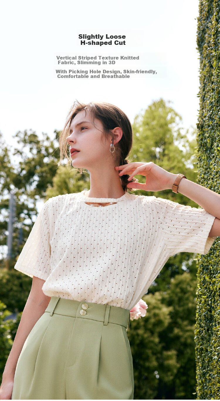 Olrain [Advanced Commuter Knit Top] Short-Sleeve T-Shirt, Summer Women's Wear, Distinct Textured Blouse, Apricot Color, Size M 4