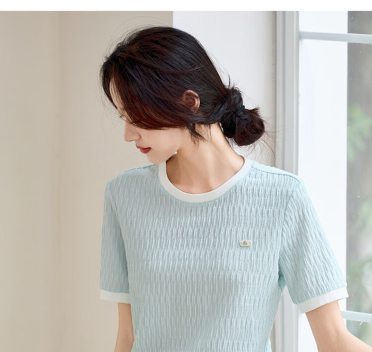 Sentubila Round Neck Short Sleeve Regular Shoulder T-Shirt for Women, Summer Contrasting Color Spliced Knit Top, Elegant Versatile High-End Blouse 5
