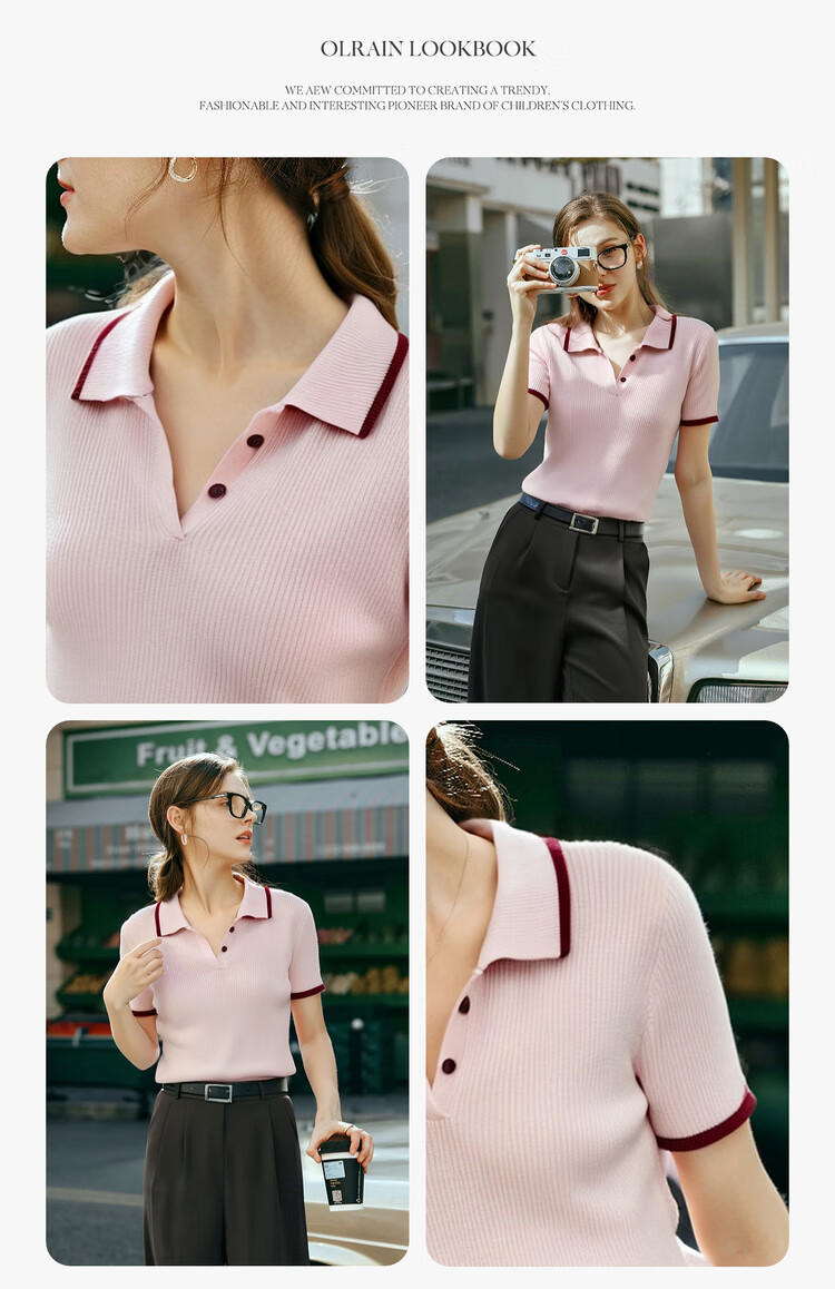 Olrain Pink Polo Collar Commuter Style Knit Pullover Women's Summer Top Pink L 9