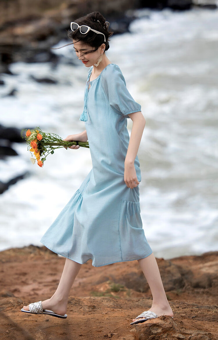 Demana "Light Breeze" Summer Cool Lyocell Embroidered Tassel Tie Split Pleated A-Line Women's Dress 23