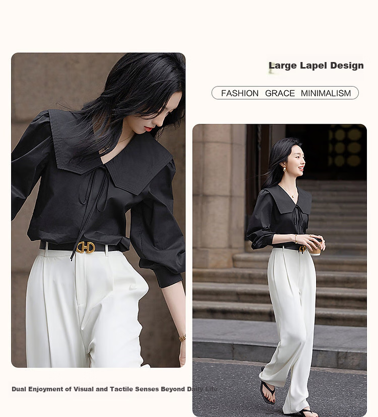 Dme [Will Breathe Cotton] Spring And Autumn Japanese Artistic Turndown Collar Tie-Up Shirt with Puff Sleeves, Concealing Body, Women's Blouse Top 4