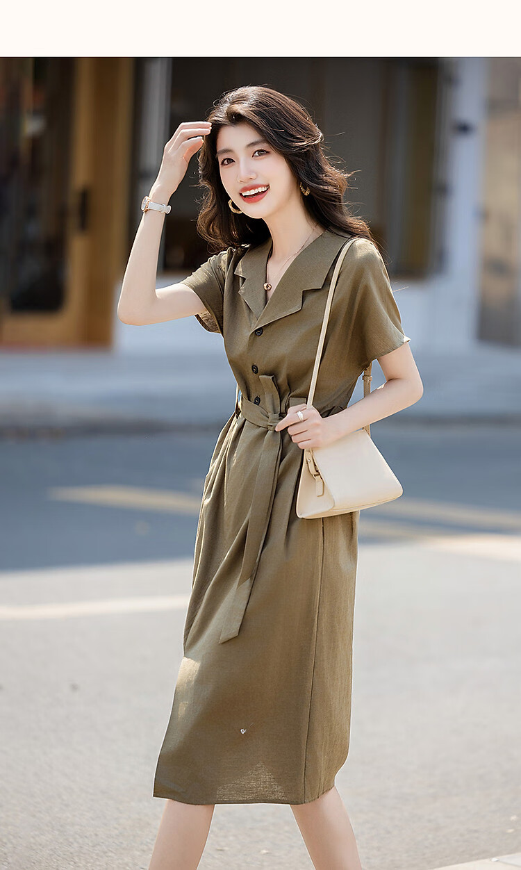 Dme [Smooth Linen Cotton Bamboo Blend] Summer Elegant Office Wear Lapel Tie Three-Button Short-Sleeve Women's Dress 14
