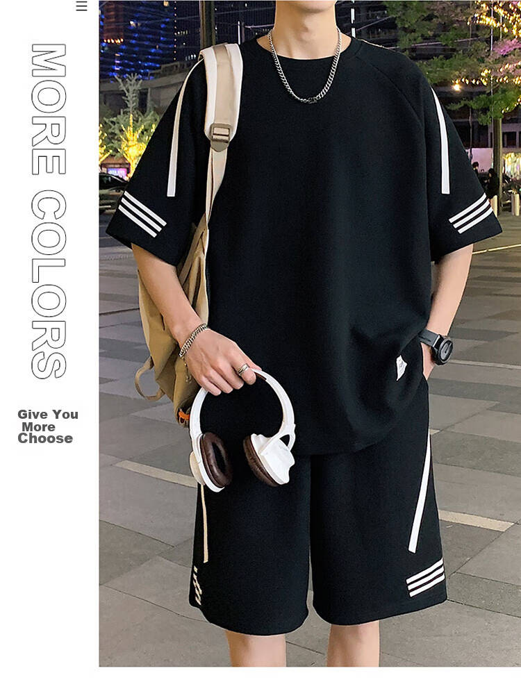 Zuofeili Casual Sports Set for Men, Summer New Style Youth Loose Ice Silk Short-Sleeve T-Shirt And Shorts, Complete Men's Outfit 12