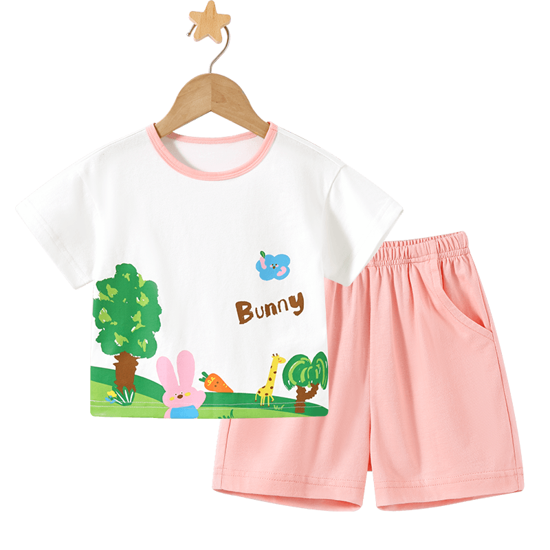Badibadi Summer Pure Cotton Kids Set Boys Girls Baby Short Sleeve T-Shirt Shorts Casual Outfit Forest Little Rabbit 90