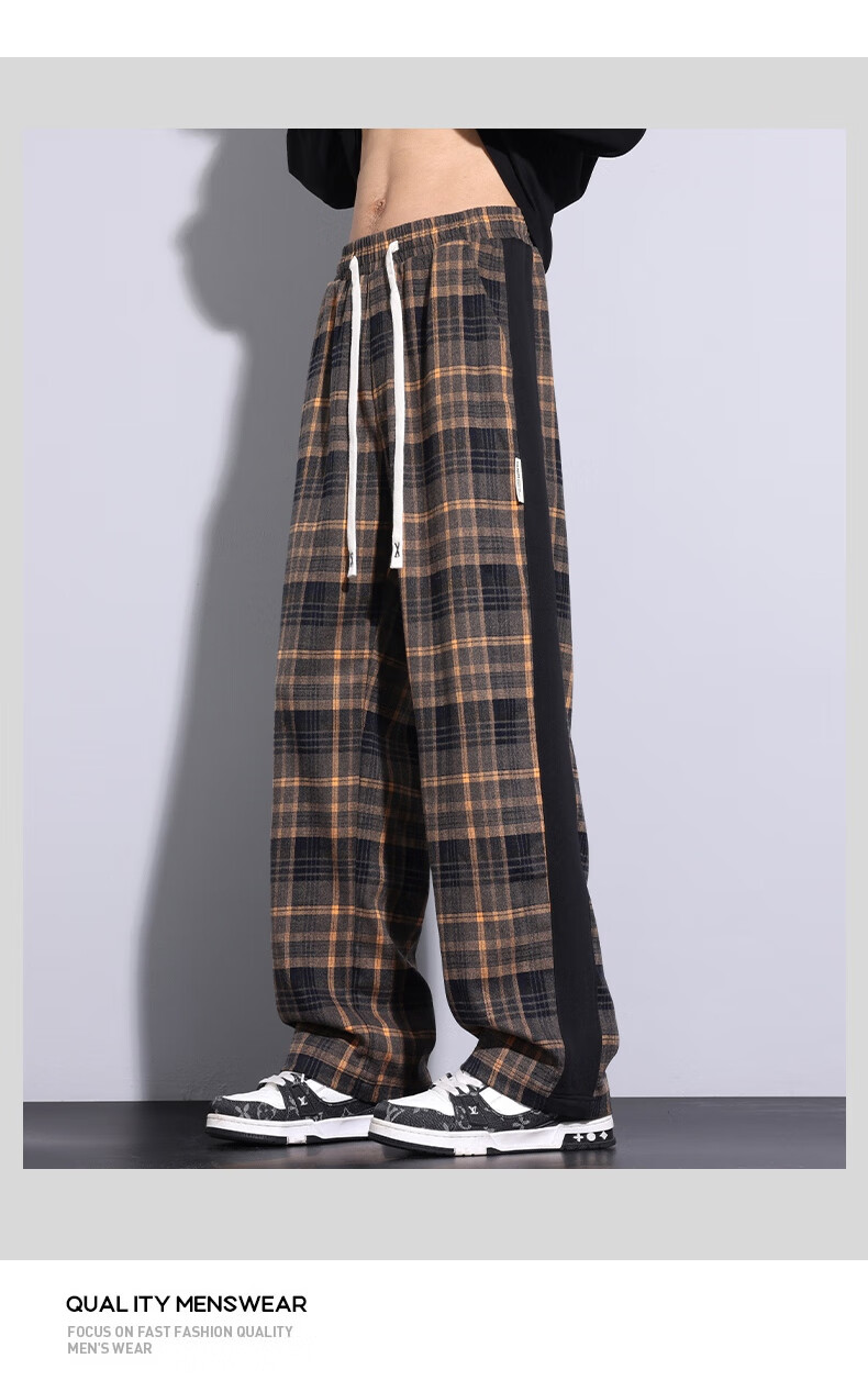 IZEXX Men's Plaid Pants, Summer American Straight Wide-Leg Loose Versatile Casual Pants, Sporty Retro Style ZL27 Gray L 5