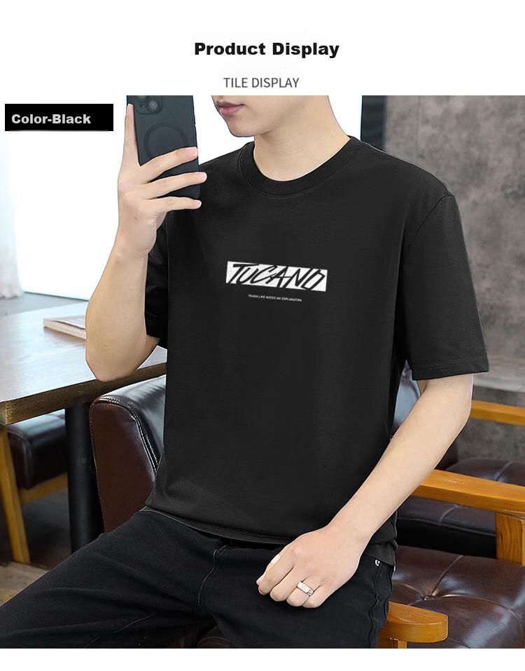TUCANO Short-Sleeve T-Shirt for Men, Summer Pure Cotton Casual Versatile Round Neck Fashionable Printed T-Shirt Top Men's Undershirt 6