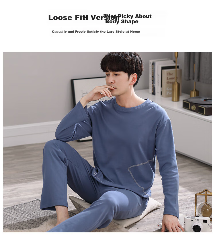 LangSha [100% Cotton] Men's Pajamas, Spring And Summer Simple Loose Comfortable Round Neck Pullover Loungewear Set, Suitable for Outdoor Wear 18
