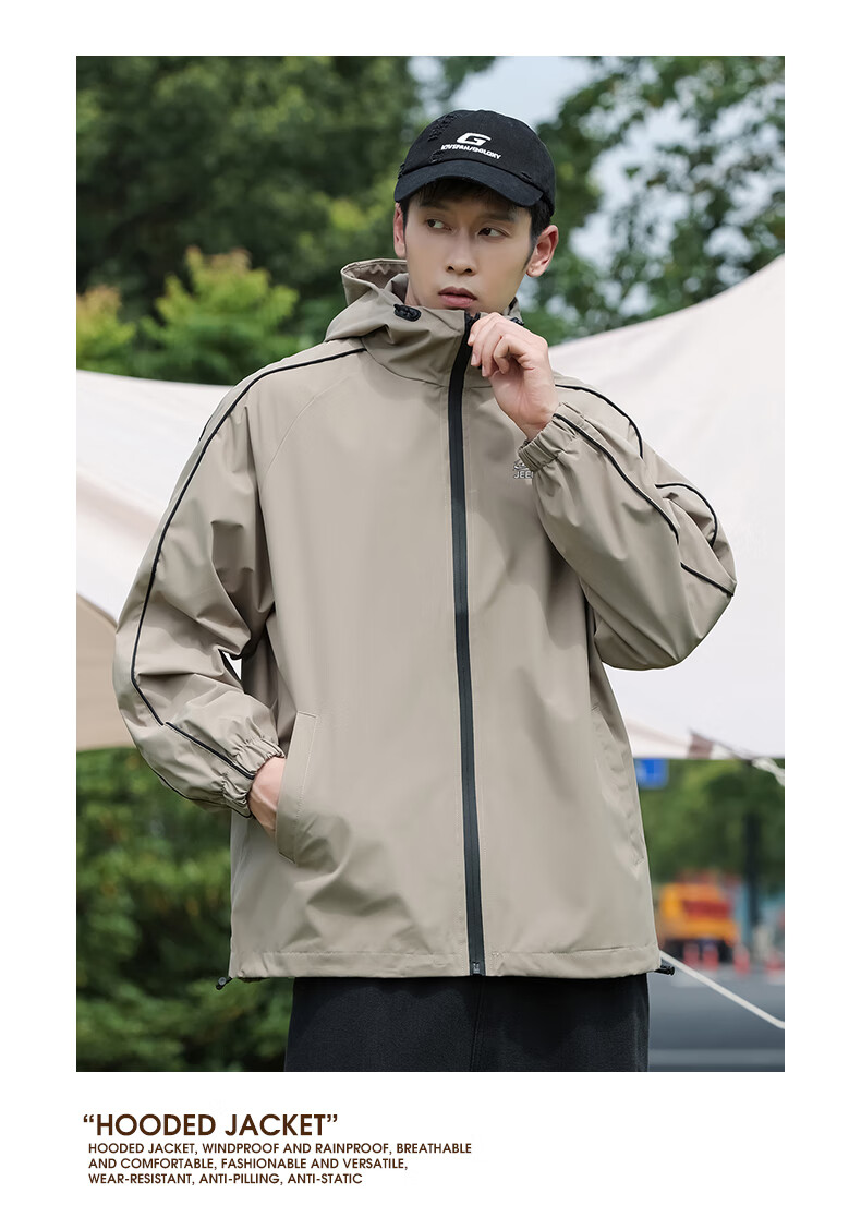 JEEP SPIRIT Men's Autumn Casual Hooded Zip-up Jacket Solid Color Workwear Coat Black 2XL 4