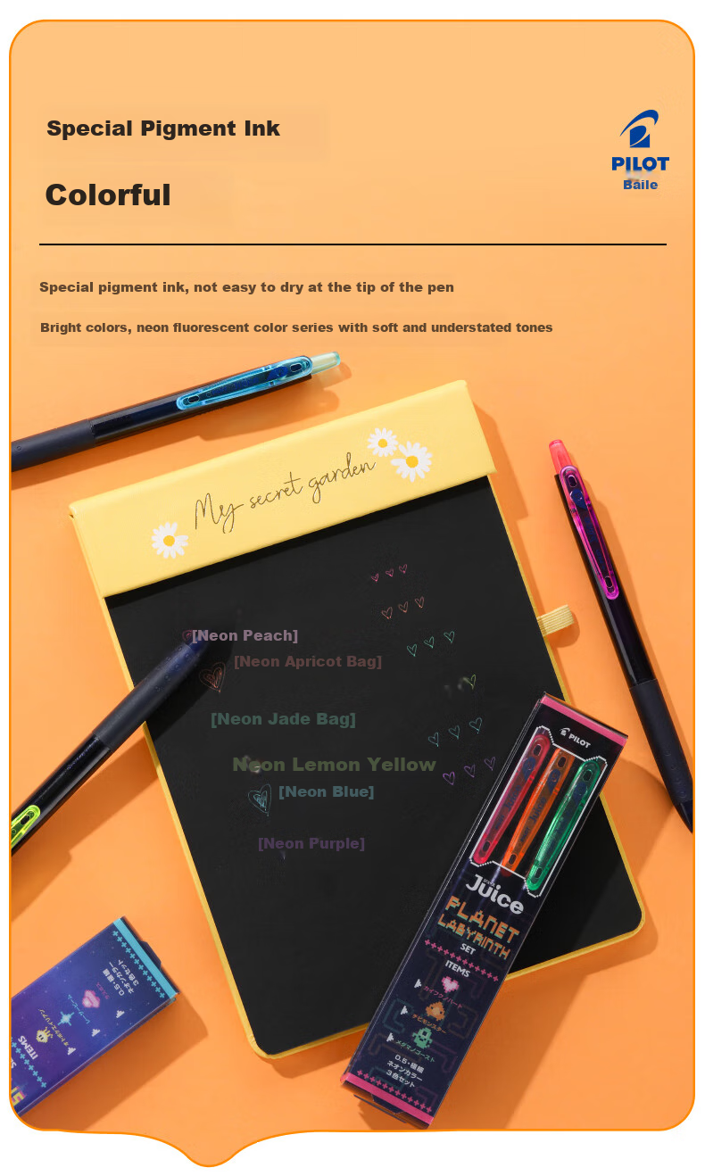 PILOT JUICE Gel Pen, Colorful Retractable Pen, Signature Pen, Water-Based Pen, Student Planner Pen, Stationery Office Supplies, LJU-15 0.5mm, Neon Apricot 3
