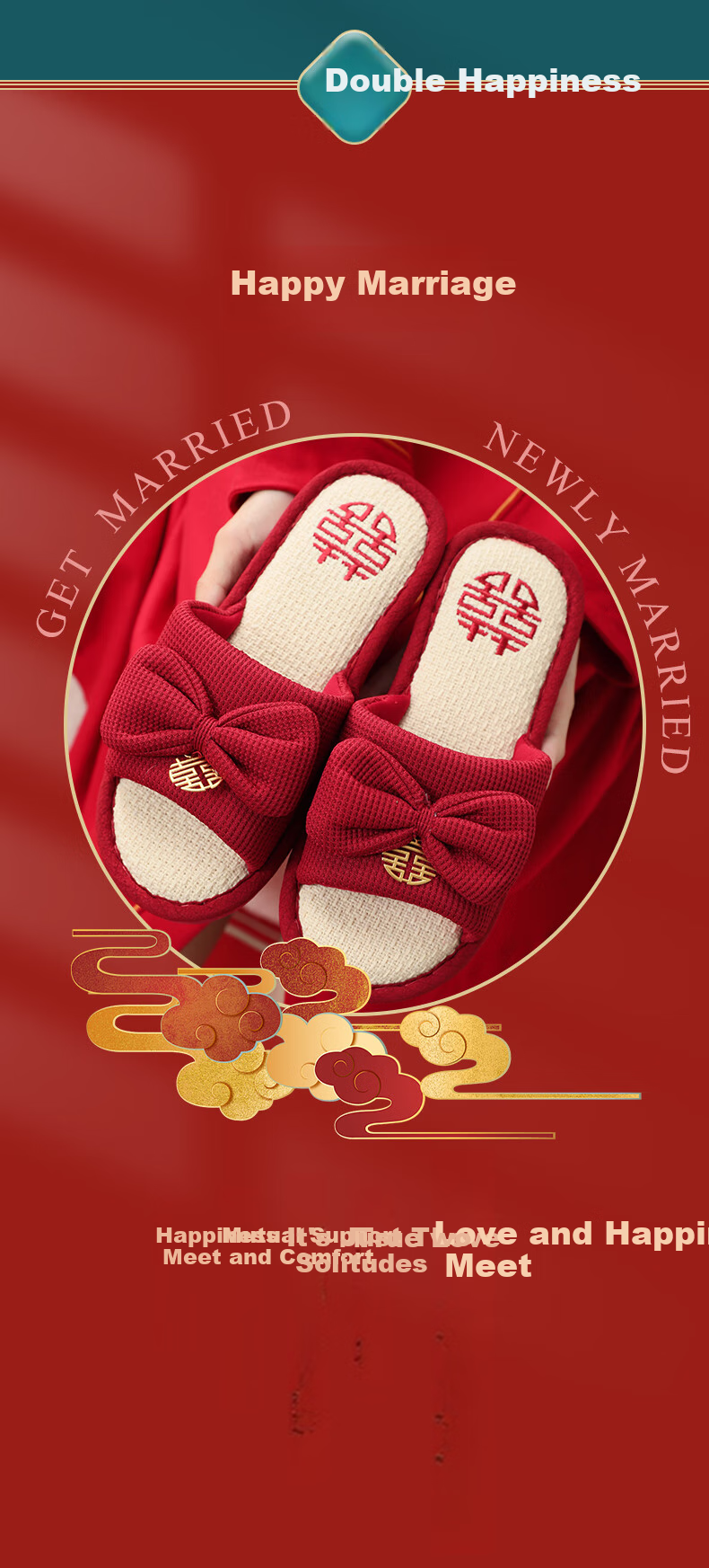 FOOTOPPO Couple's Wedding Linen Red Slippers, New Bride Red Wedding Shoes, Women's Summer Bright Red Pure Linen Soft-Soled Slippers, Men's Slippers 8