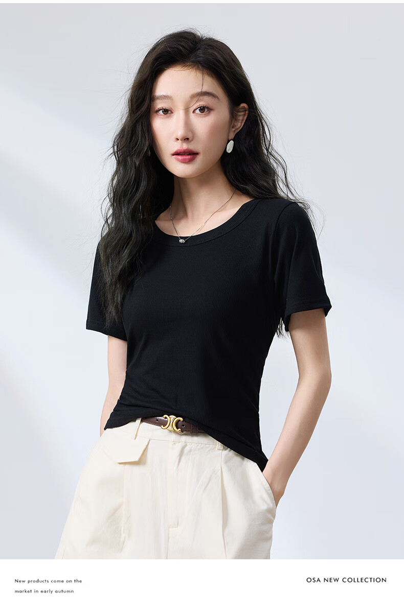 BOPRUIEY Women's Summer Short Sleeve Solid Color Ribbed Large Round Neck Slim Fit T-Shirt Top 19