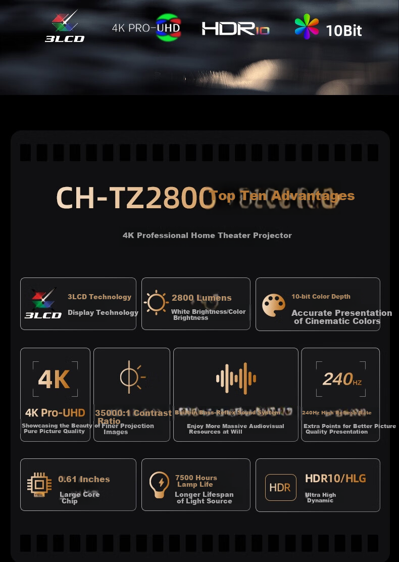 Epson CH-TZ2800 Projector, Home Living Room Bedroom Projector, 4K Projection (4K Ultra HD, 2800 Lumens, 1.6x Zoom) 1