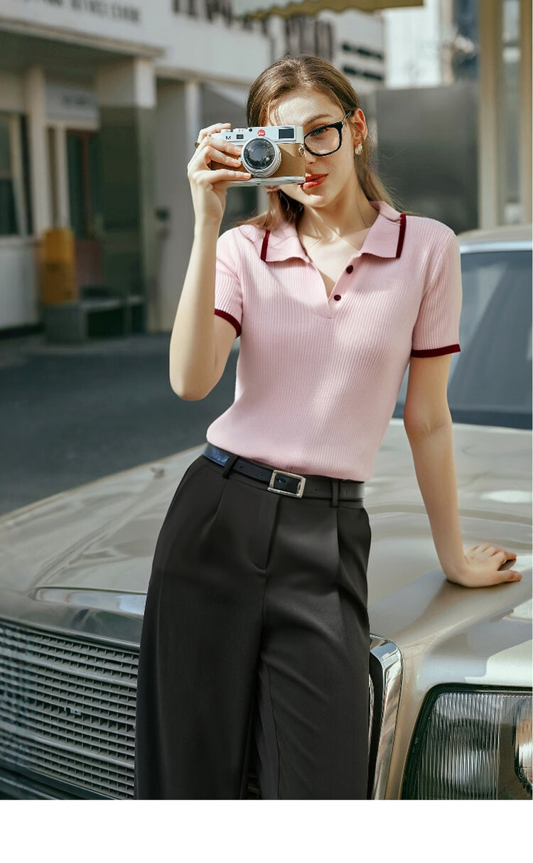 Olrain Pink Polo Collar Commuter Style Knit Pullover Women's Summer Top Pink L 15