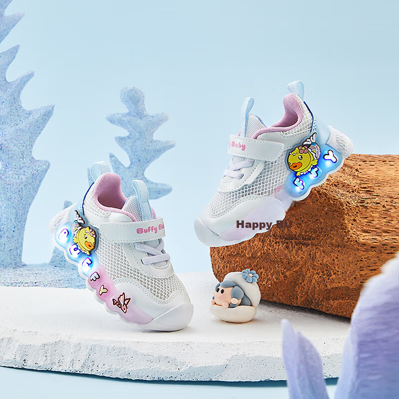 B.Duck Children's Shoes, Girls' Walking Shoes, Baby Light-Up Shoes, Summer Breathable Mesh Sneakers, 3906 White, Size 27
