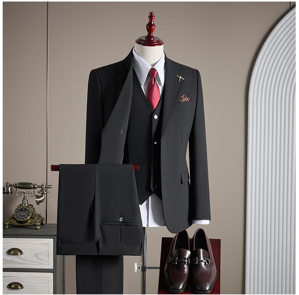 ROMON Men's Business Suit Set Blazer + Vest + Trousers Dark Blue M 5
