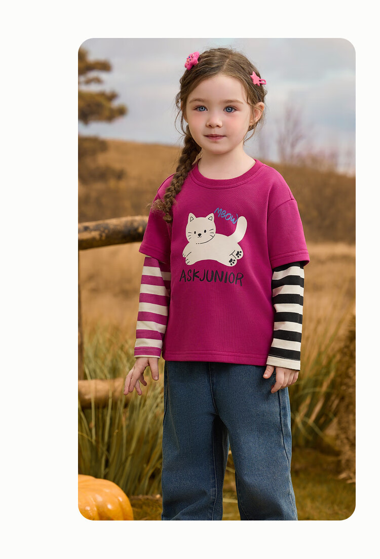ASK JUNIOR Faux Two-Piece Children's Long Sleeve T-Shirt 2026 Spring Toddler Colorblock Base Shirt Cute Girls Top 2