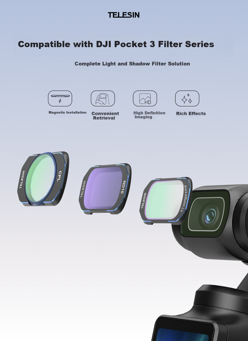 TELESIN Compatible Filter for DJI Pocket 4/3 ND64, Action Camera Filter for Pocket Camera, DJI Accessory, Magnetic Quick-Release Anti-Glare Filter 1