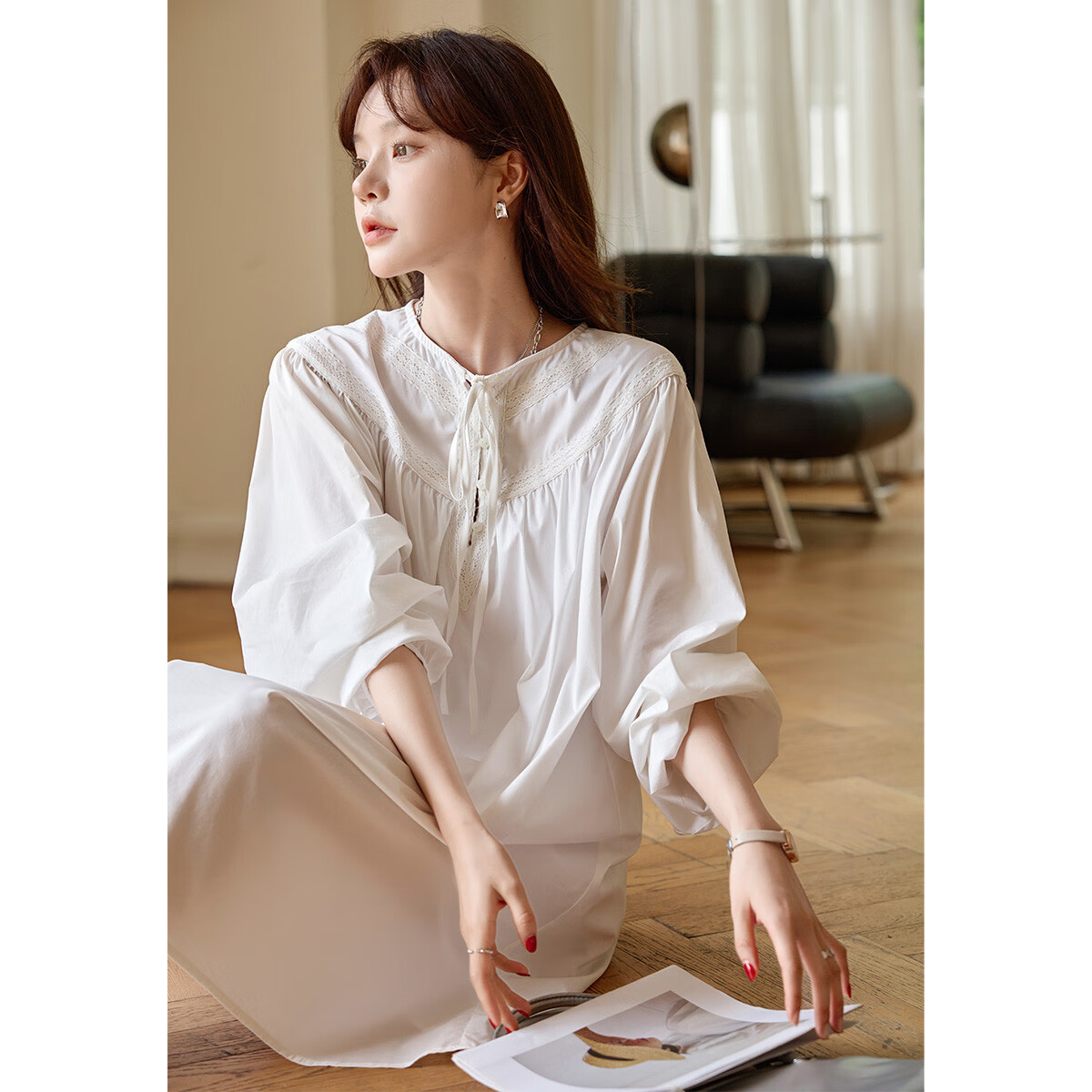MT Artistic Style Autumn Loose A-Line Solid Color Long Sleeve Dress