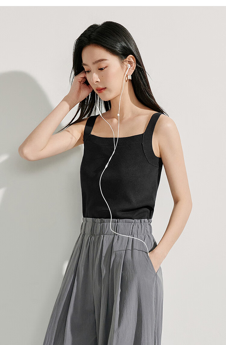 INMAN Striped Square Neck Knitted Camisole, 2026 Summer Women's New Short Fitted Top, Black, Size L 23
