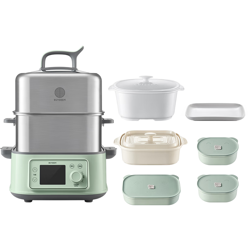 Buydeem Electric Steamer Household All-Steel 0-Coating Electric Stew Pot Large Capacity Multifunctional Steam Cooker [Family Set] G76 Light Cedar Green + Steam Pot + Stew Pot + Steaming Tray + Piggy B