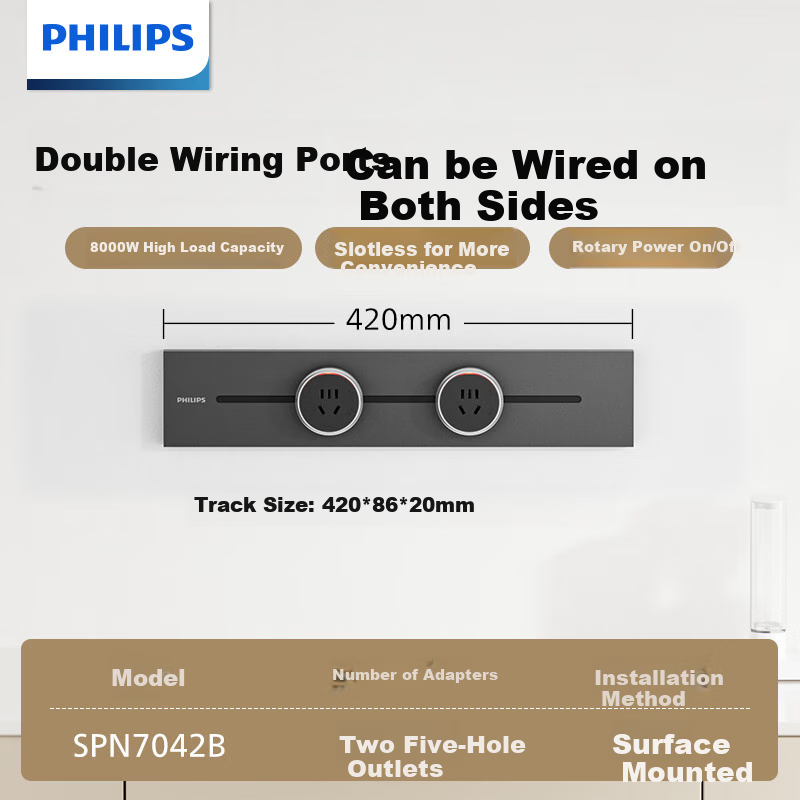 PHILIPS Surface-Mounted Track Socket Switch Panel, Wall-Mounted without Slots, Movable Sliding Rail Panel for Sideboard, Track-Type Sliding Power Strip, 42cm Track + 2 Adapters, Black