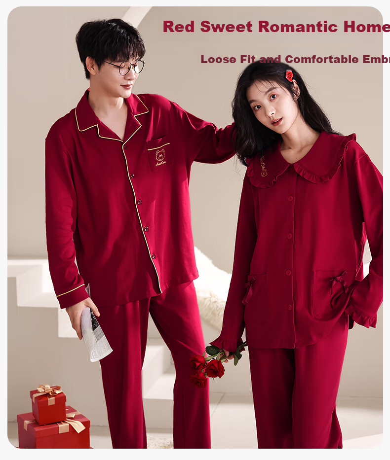 Yiduo Wedding Couple's Pajamas, Women's Autumn And Winter Pure Cotton Long-Sleeve Red, Zodiac Year, Men's And Women's Festive Home Wear Set 5